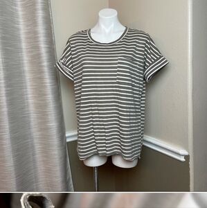 UMGEE GREY AND WHITE STRIPED TSHIRT WITH POCKET. MEDIUM GREAT CONDITION